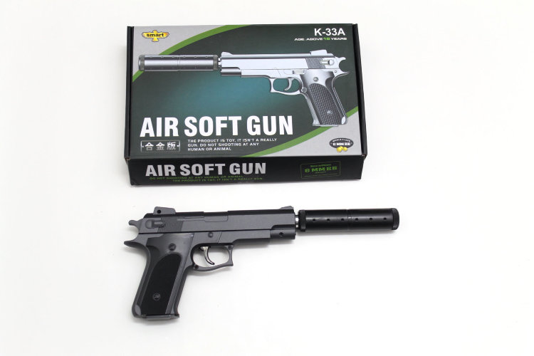 Детский пистолет Air soft Gun пневматический с глушителем металлический на пульках K-33A